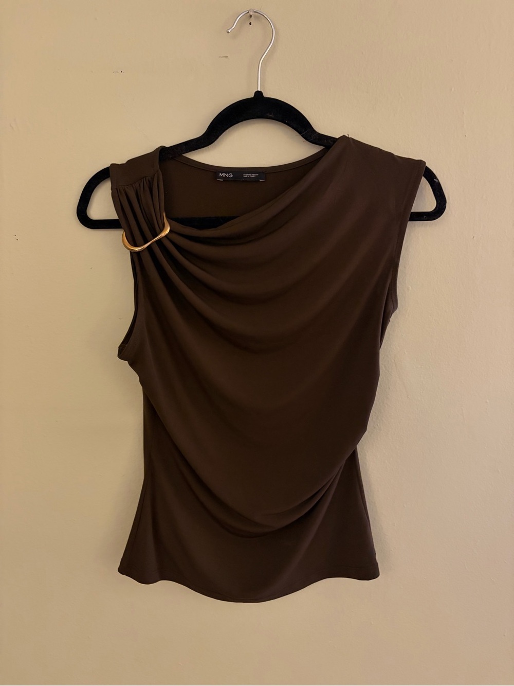 Mango Brown Drape-Front Sleeveless Top with Gold Ring